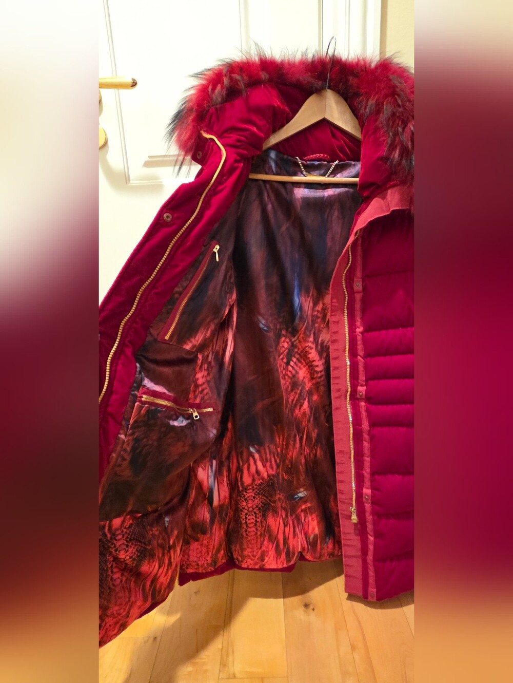Elie Tahari Ruby Red Quilted Puffer Coat with Faux-Fur Trim - Picture 2 of 7